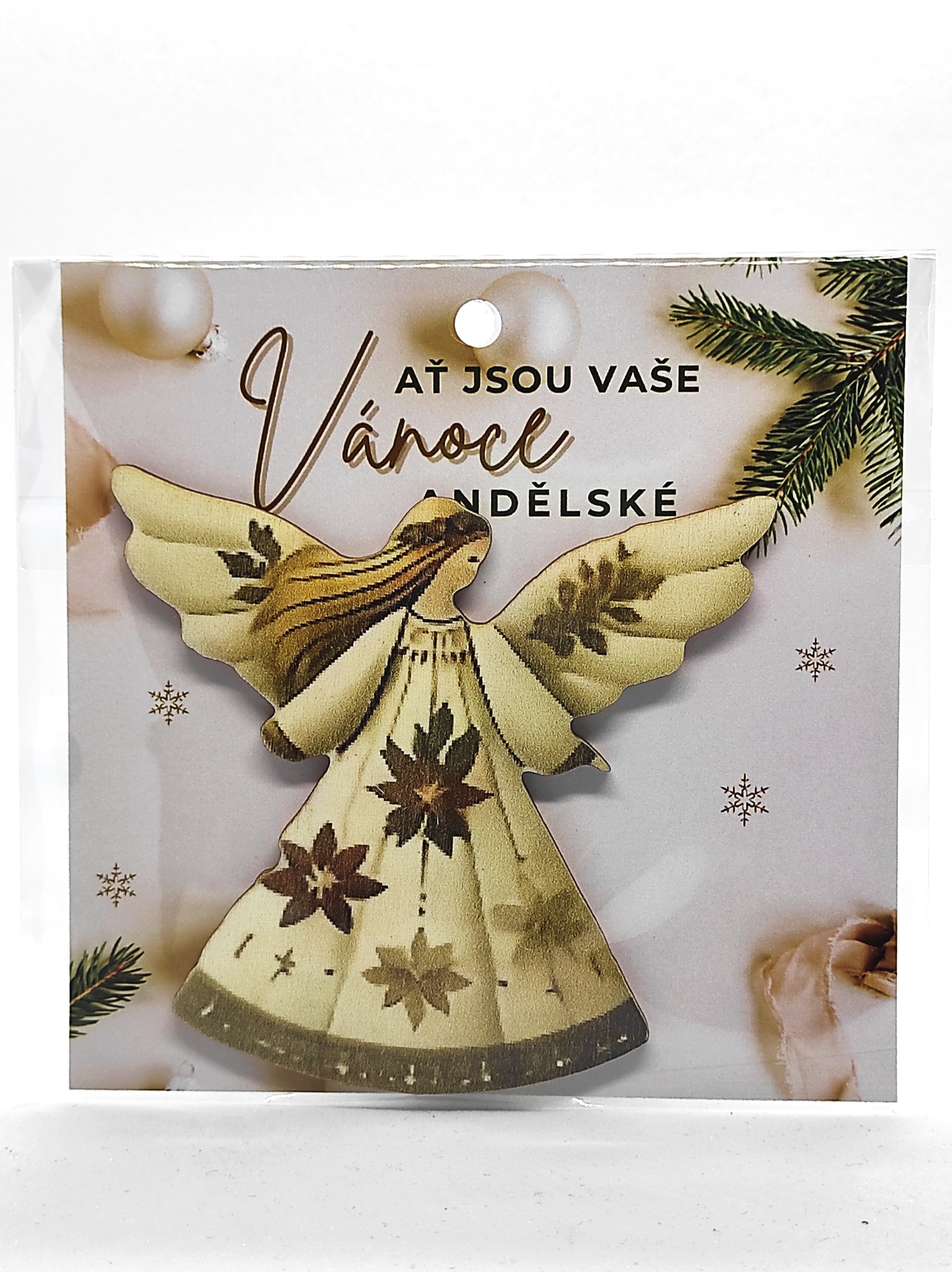 Dárková karta s dřevěnou andělkou Ať jsou vaše Vánoce andělské